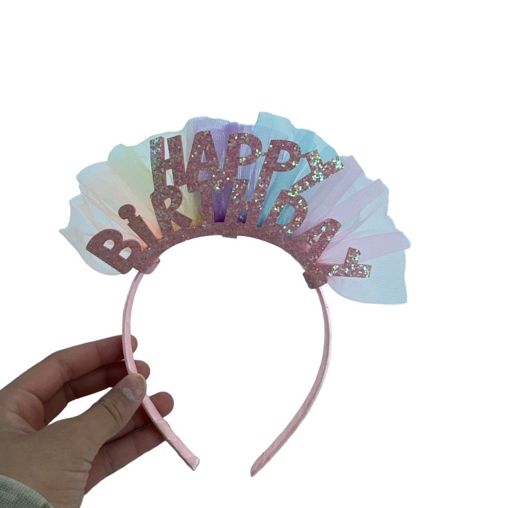 Cat & Jack‎ Happy Birthday Glitter Colorful Pastel Headband with Tulle Kid OS